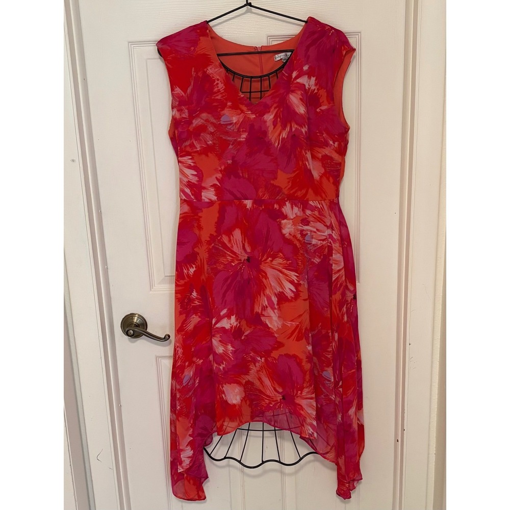 Sandra Darren Womens 14 Pink Orange Floral Chiffon Dress Handkerchief Hem